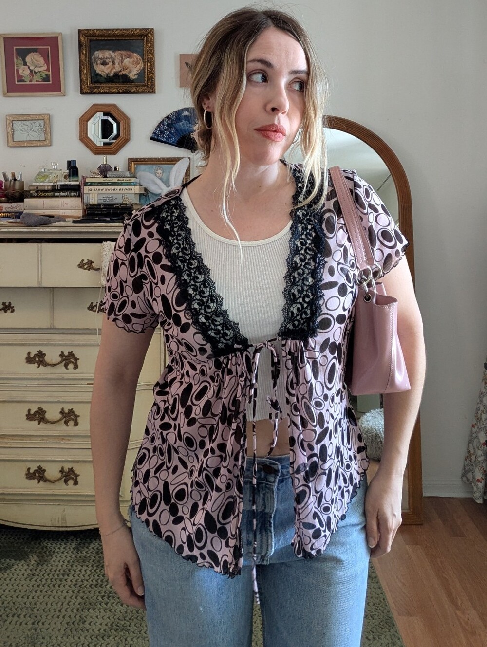 Y2K Sheer Pink Optical Print Blouse - Picture 7 of 7